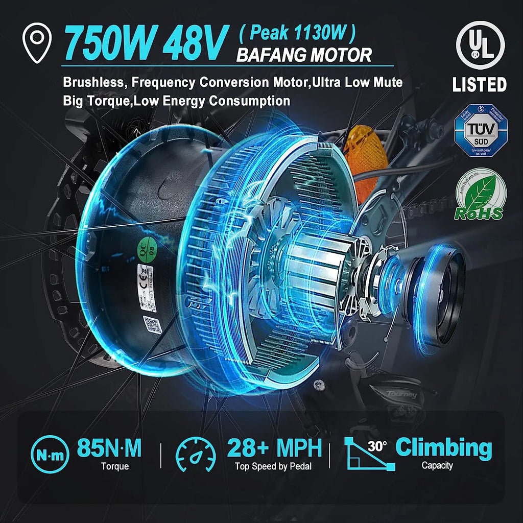 Electric Bike,750W Electric Bike for Adults BAFANG Motor 48V 15Ah Samsung Cell Battery Ebike, Fat Tire Electric Bicycles, 28MPH 35-80Miles Electric Mountain Bike, Shimano 7-Speed UL Certified