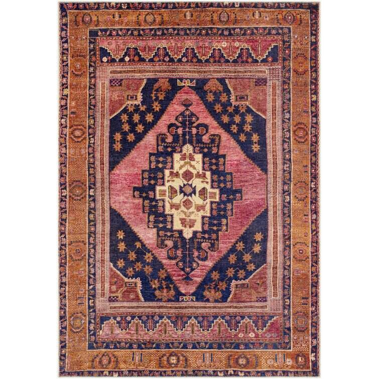 Westlake Machine Washable Oriental Dark Blue/Rose Area Rug