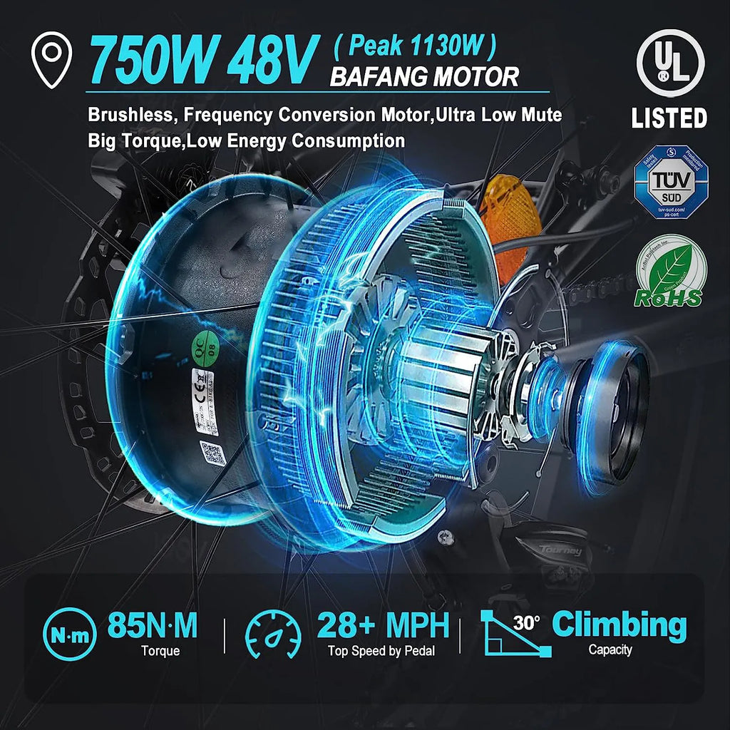 Electric Bike,750W Electric Bike for Adults BAFANG Motor 48V 15Ah Samsung Cell Battery Ebike, Fat Tire Electric Bicycles, 28MPH 35-80Miles Electric Mountain Bike, Shimano 7-Speed UL Certified