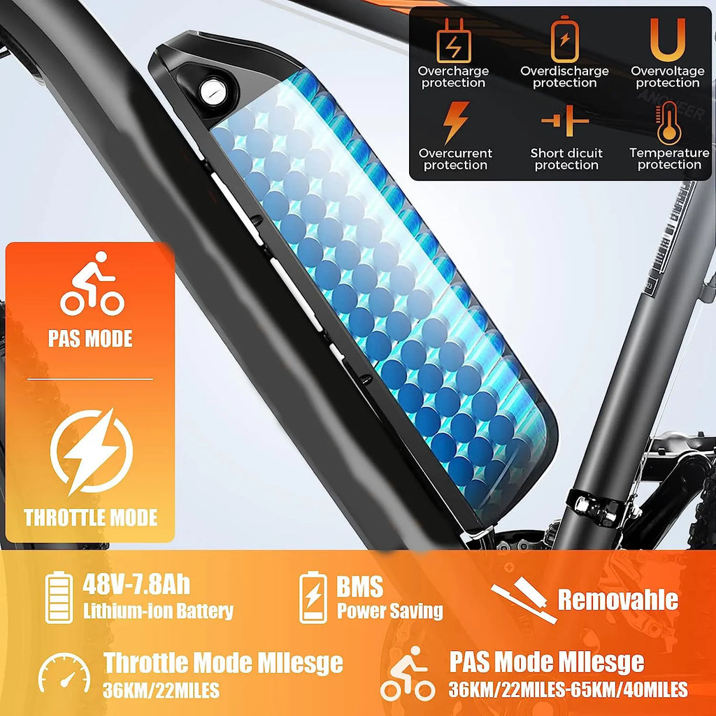 Electric Bike Electric Mountain Bike 500W 26'' Commuter Ebike, 20MPH Adults Electric Bicycle with Removable 48V/374.4Wh Battery, LCD-Display and Professional 21 Speed Gears