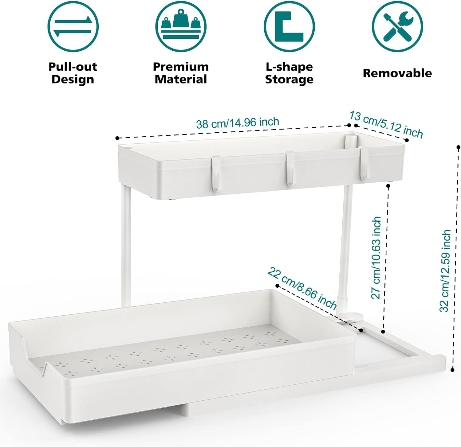 NATURE'S SOURCE Under Sink Organizers, 2 Pack Sliding L-shape Cabinet Organizers Narrow Space Storage Multi-purpose Sink Organizer for Bathroom Kitchen Drawer (White, 1 pack)