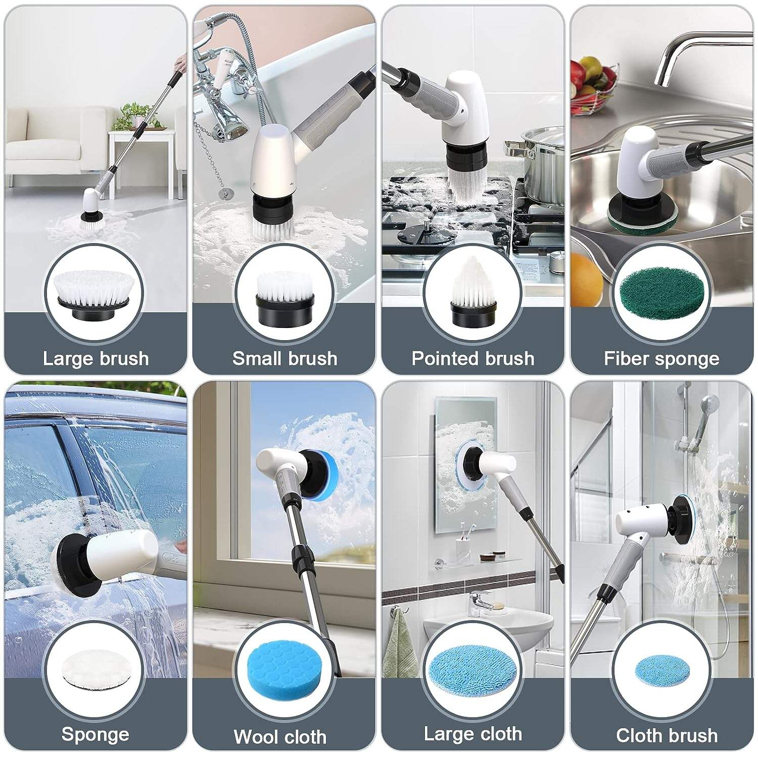 Cordless Electric Spin Scrubber,Cleaning Brush Scrubber for Home, 400RPM/Mins-8 Replaceable Brush Heads-90Mins Work Time,3 Adjustable Size,2 Adjustable Speeds for Bathroom Shower Bathtub Glass Car