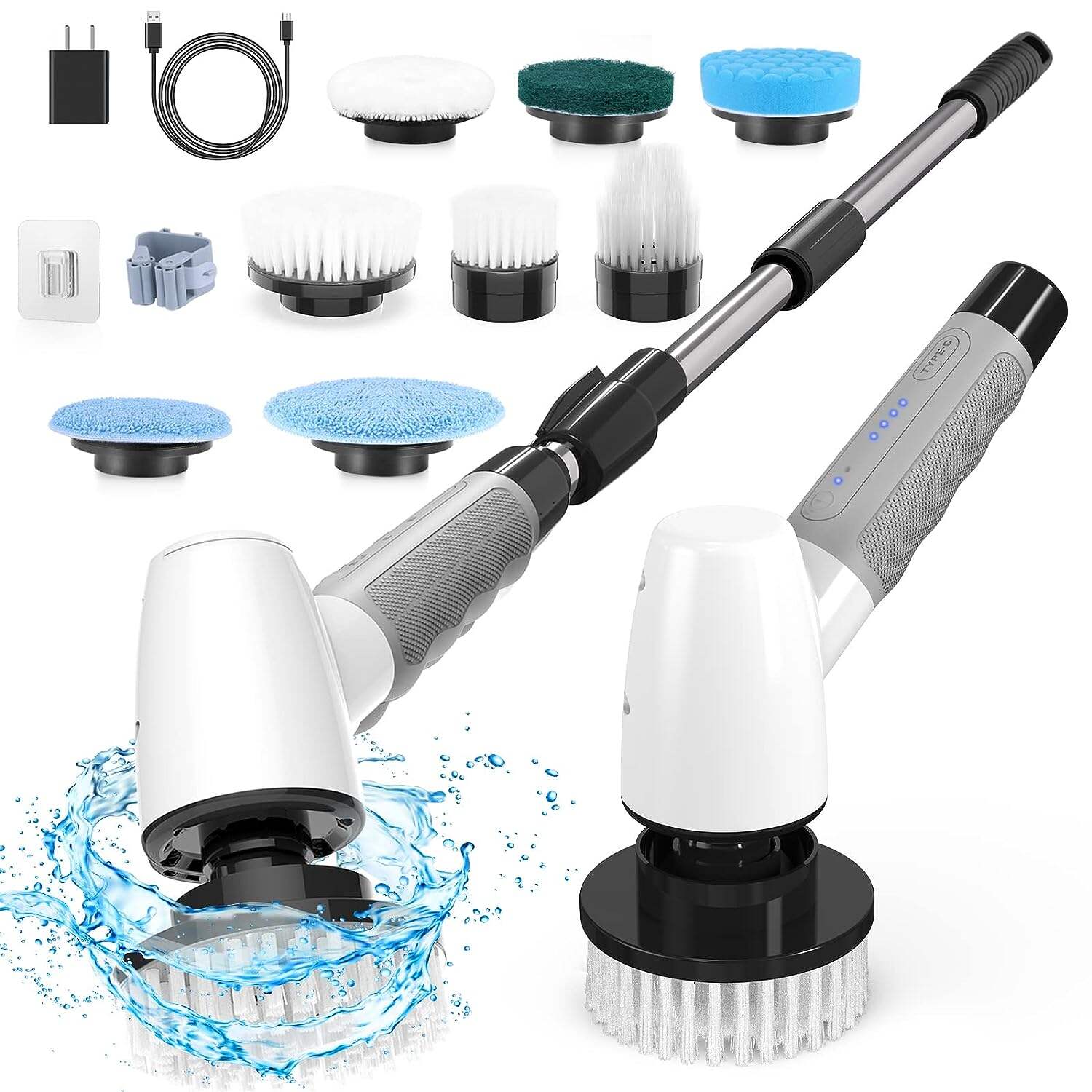 Cordless Electric Spin Scrubber,Cleaning Brush Scrubber for Home, 400RPM/Mins-8 Replaceable Brush Heads-90Mins Work Time,3 Adjustable Size,2 Adjustable Speeds for Bathroom Shower Bathtub Glass Car