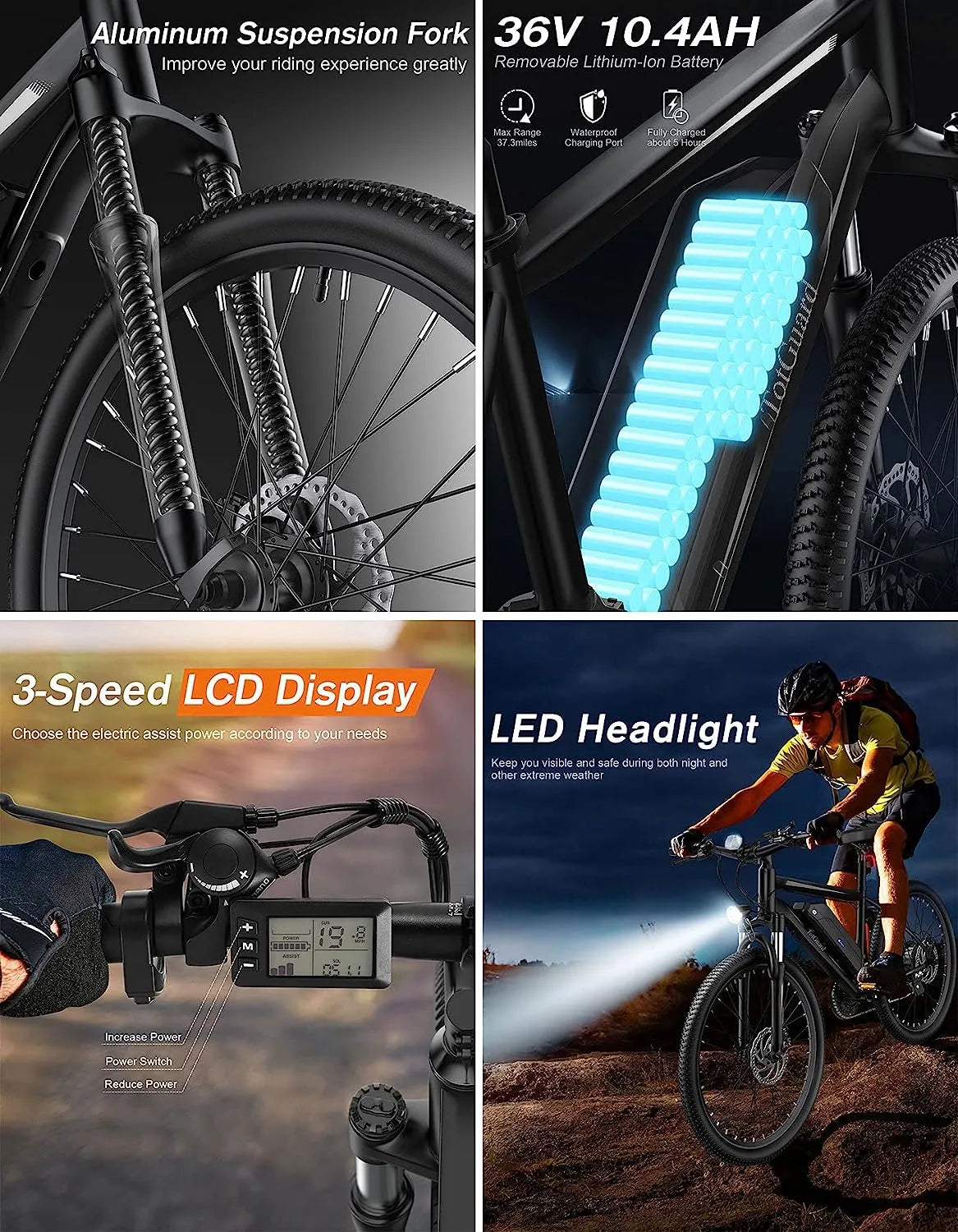 Electric Bike, Electric Bike for Adults 26'' Ebike with 350W Motor, 19.8MPH Electric Mountain Bike with Lockable Suspension Fork, Removable 36V/10.4Ah Battery, Professional 21 Speed Gears