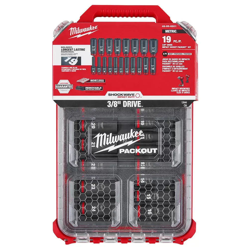 Milwaukee 49-66-6801 SHOCKWAVE 3/8” Impact Duty Socket MM PACKOUT Set - 19 PC