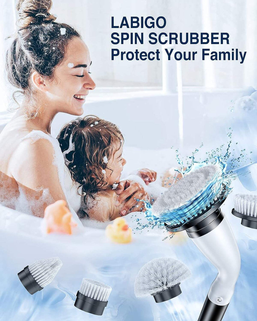 LABIGO Electric Spin Scrubber LA1 Pro, Cordless Spin Scrubber with 4 Replaceable Brush Heads and Adjustable Extension Handle, Power Cleaning Brush for Bathroom Floor Tile (White)