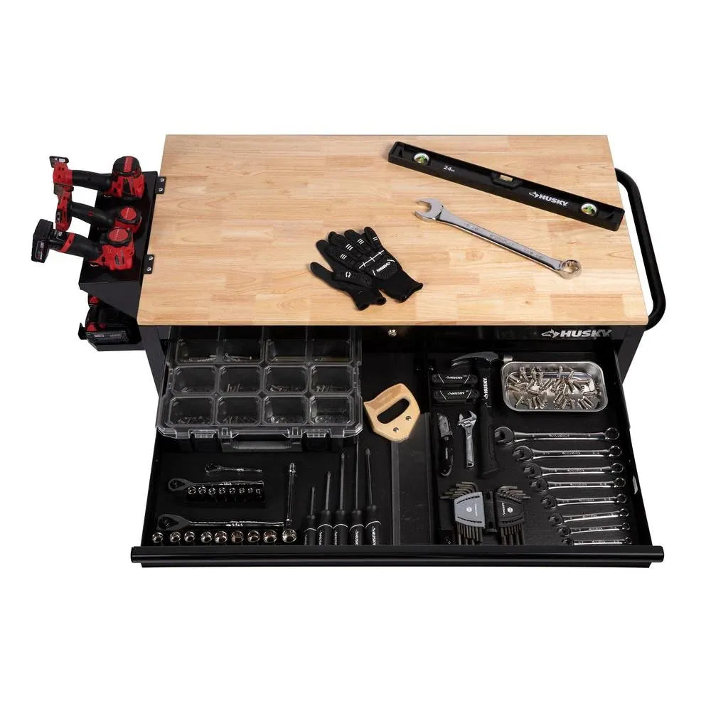 46 in. W x 24.5 in. D 9-Drawer Gloss Black Deep Tool Chest Mobile Workbench with Hardwood Top and Power Stations