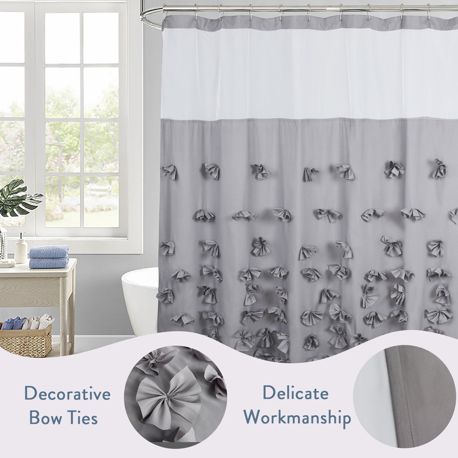 HIG Farmhouse Shower Curtain with Waterproof Detachable Liner, Boho Decorative Bathroom Curtain with Butterfly Flowers, Vintage Fabric Shower Curtain with See Through Window, 72" x 72"