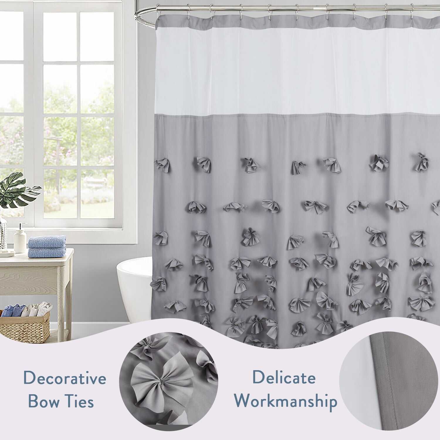 HIG Farmhouse Shower Curtain with Waterproof Detachable Liner, Boho Decorative Bathroom Curtain with Butterfly Flowers, Vintage Fabric Shower Curtain with See Through Window, 72" x 72"