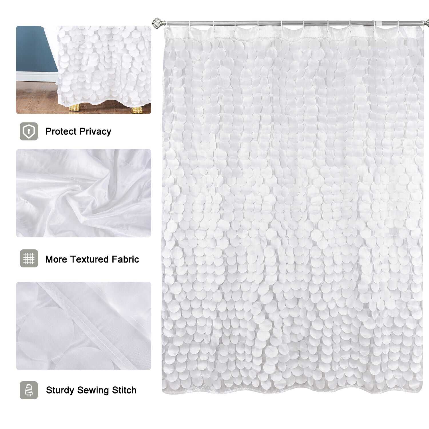 Modern Cute Decorative Shower Curtain - Textured Shimmer Circle Design Bathroom, 72” x 72”