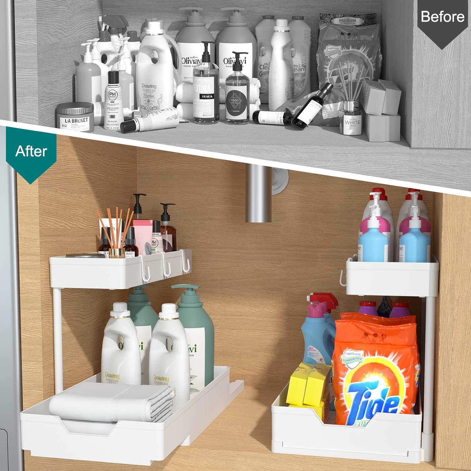 NATURE'S SOURCE Under Sink Organizers, 2 Pack Sliding L-shape Cabinet Organizers Narrow Space Storage Multi-purpose Sink Organizer for Bathroom Kitchen Drawer (White, 1 pack)