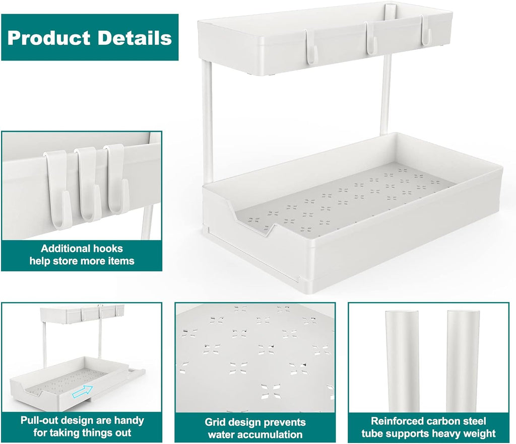 NATURE'S SOURCE Under Sink Organizers, 2 Pack Sliding L-shape Cabinet Organizers Narrow Space Storage Multi-purpose Sink Organizer for Bathroom Kitchen Drawer (White, 1 pack)