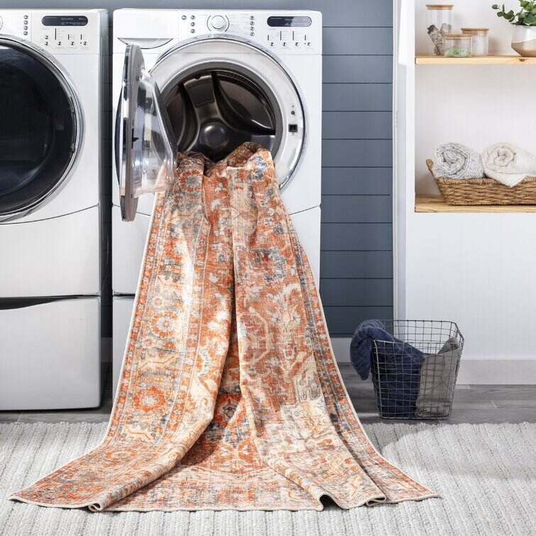 Mags Machine Washable Oriental Brick Red/Orange Area Rug