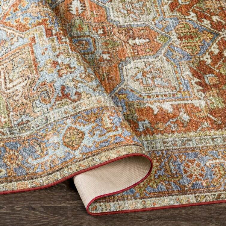 Emmie Machine Washable Oriental Brick Red/Dusty Coral Area Rug