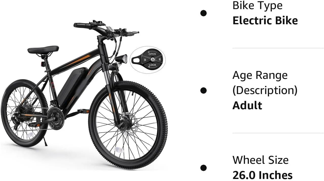 Electric Bike, Electric Bike for Adults 26'' Ebike with 350W Motor, 19.8MPH Electric Mountain Bike with Lockable Suspension Fork, Removable 36V/10.4Ah Battery, Professional 21 Speed Gears