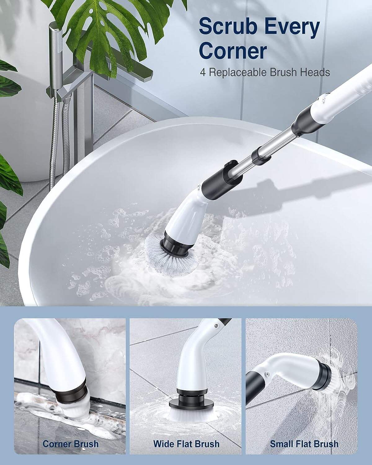 LABIGO Electric Spin Scrubber LA1 Pro, Cordless Spin Scrubber with 4 Replaceable Brush Heads and Adjustable Extension Handle, Power Cleaning Brush for Bathroom Floor Tile (White)