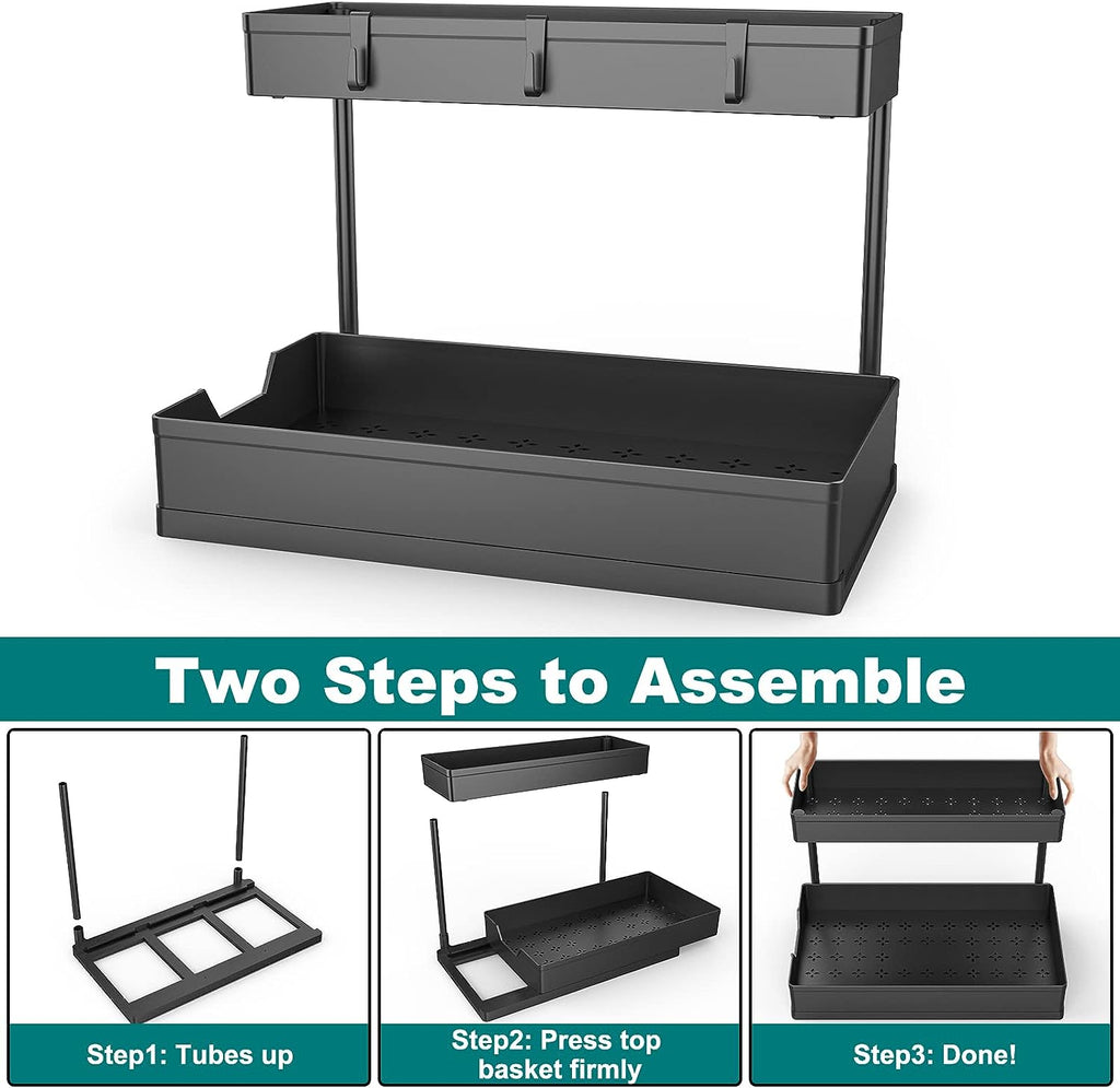 NATURE'S SOURCE Under Sink Organizers, 2 Pack Sliding L-shape Cabinet Organizers Narrow Space Storage Multi-purpose Sink Organizer for Bathroom Kitchen Drawer (White, 1 pack)