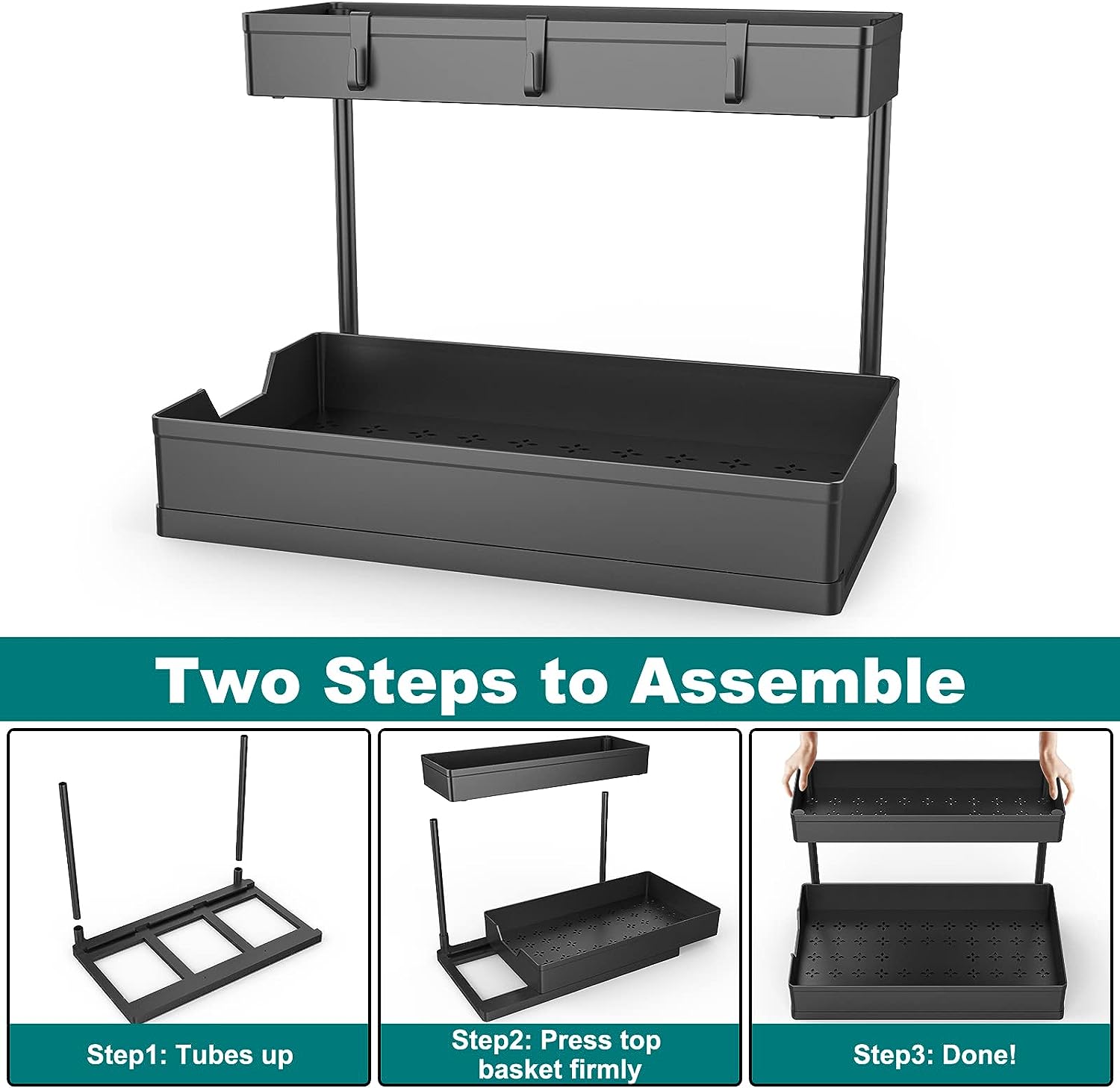 NATURE'S SOURCE Under Sink Organizers, 2 Pack Sliding L-shape Cabinet Organizers Narrow Space Storage Multi-purpose Sink Organizer for Bathroom Kitchen Drawer (White, 1 pack)