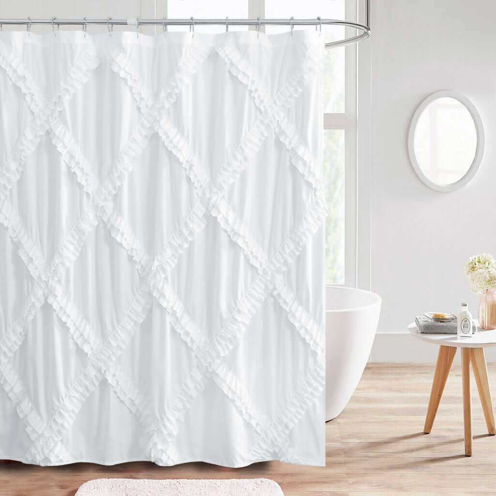 HIG Luxurious Farmhouse Unique Ruffle Cloth Fabric Shower Curtain 72x72 Extra Long Bathroom Curtain