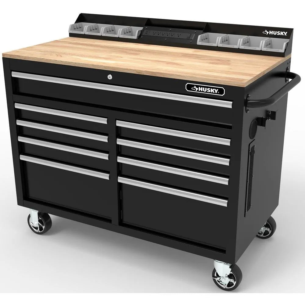 46 in. W x 24.5 in. D 9-Drawer Gloss Black Deep Tool Chest Mobile Workbench with Hardwood Top and Power Stations