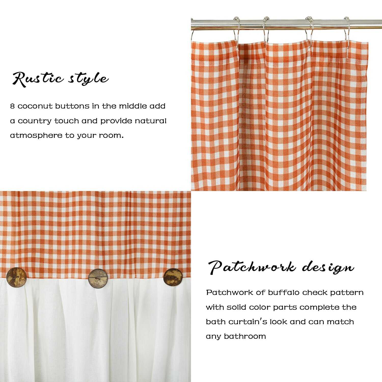 HIG Farmhouse Rust / Taupe with Ivory Buffalo Plaid Shower Curtain, Boho Rustic Decorative Bathroom Curtain with Buttons, Vintage Natural Textured Cotton Linen Fabric Shower Curtain, 72 x 72 In