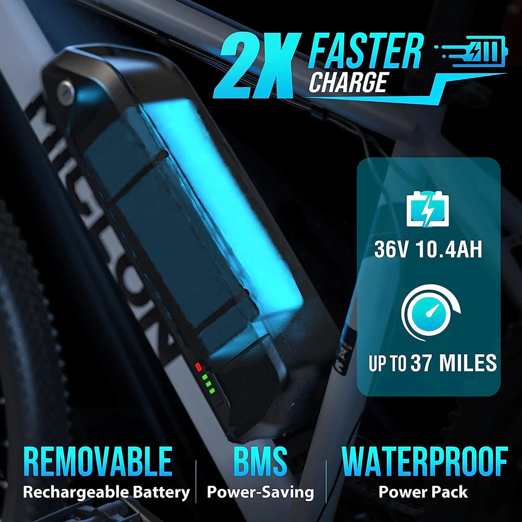 Electric Bike for Adults, 2X Faster Charge, 350W BAFANG Motor, 36V 10.4AH Removable Battery, 20MPH 26'' Mountain Ebike, Shimano 21 Speed, Suspension Fork, LED Display