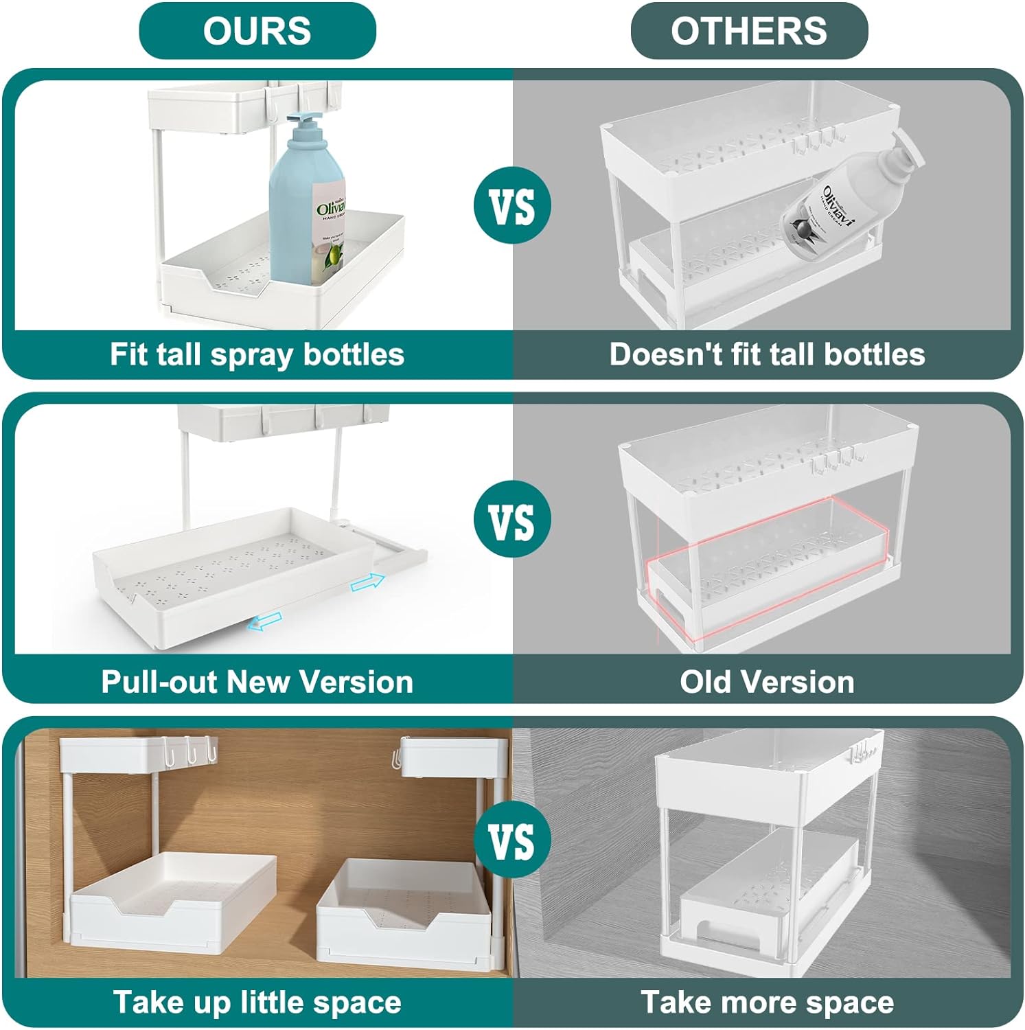 NATURE'S SOURCE Under Sink Organizers, 2 Pack Sliding L-shape Cabinet Organizers Narrow Space Storage Multi-purpose Sink Organizer for Bathroom Kitchen Drawer (White, 1 pack)