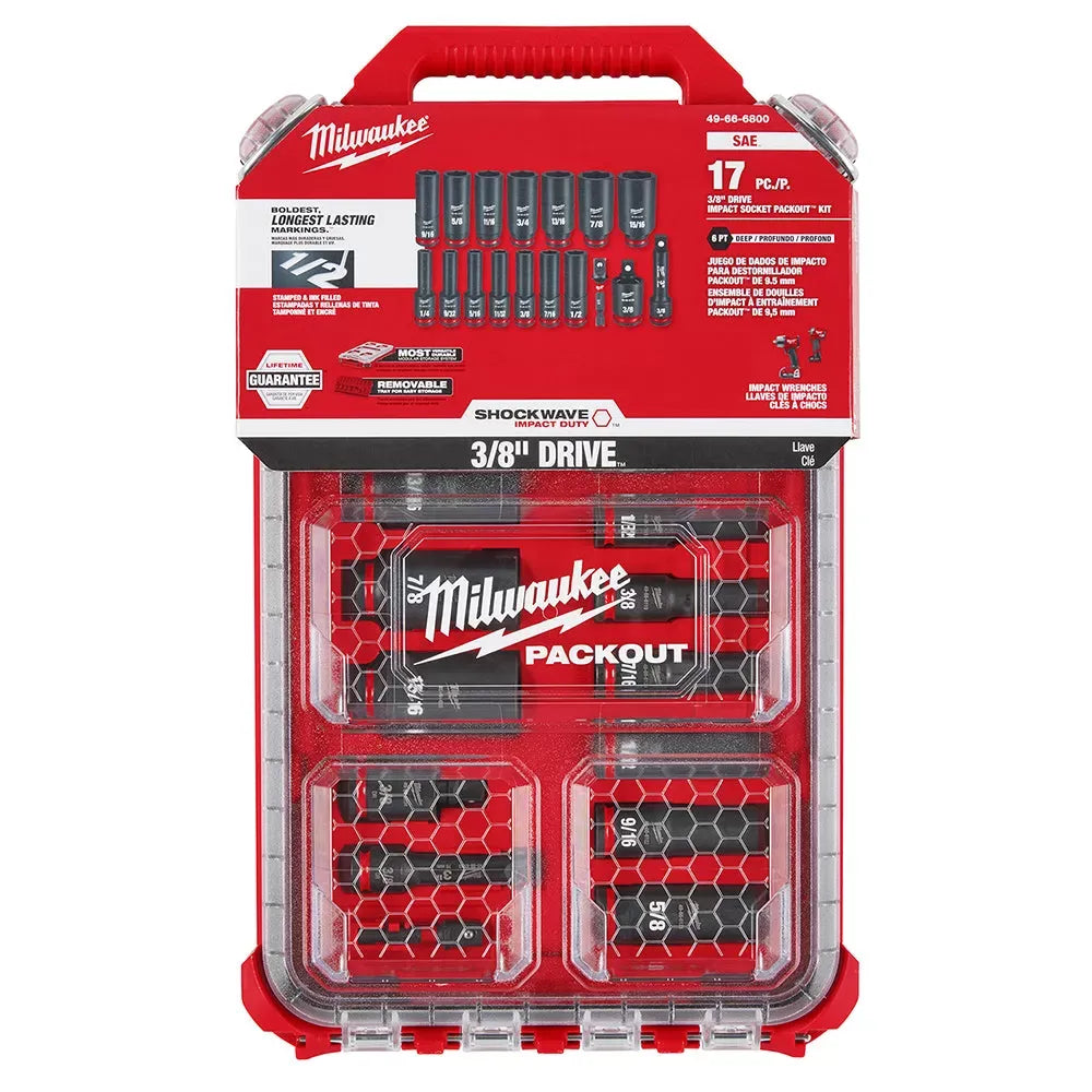 Milwaukee 49-66-6800 SHOCKWAVE 3/8” Impact Duty Socket SAE PACKOUT Set - 17 PC