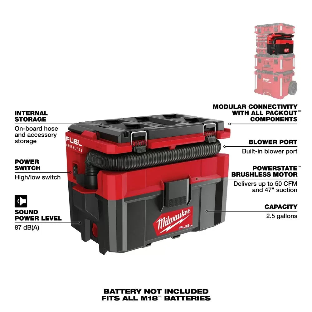 Milwaukee Pre-Sale 0970-20 M18 FUEL PACKOUT 2.5 Gallon Cordless Wet/Dry Vacuum -Bare Tool