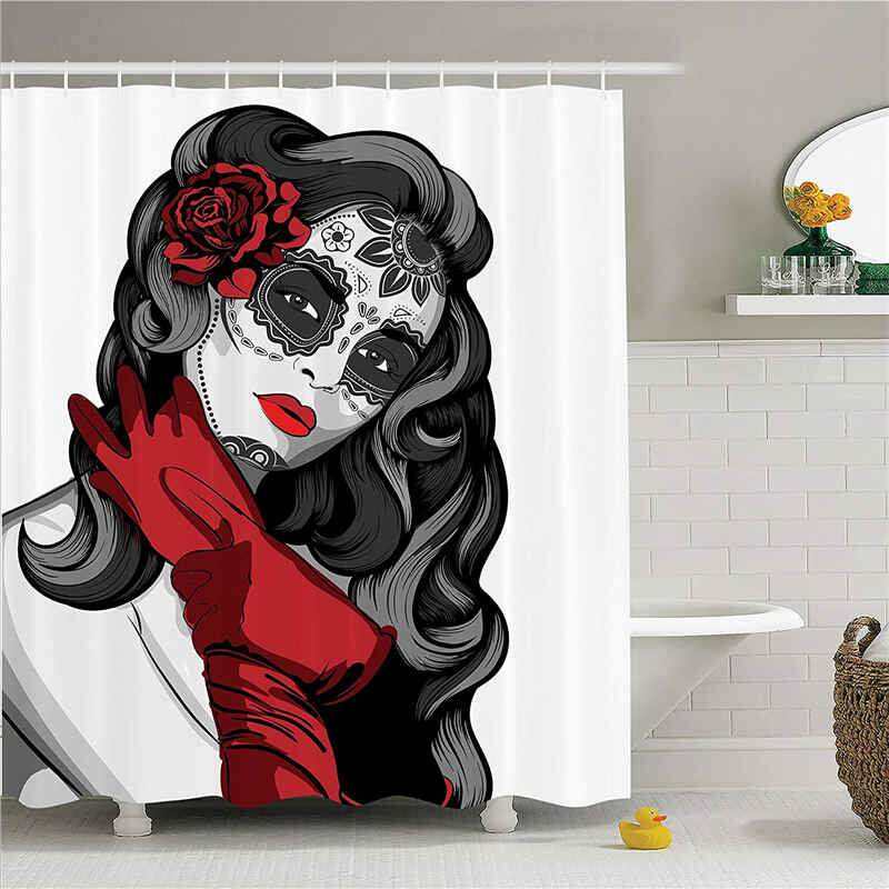 Sexy Sugar Skull Lady with Mexican Style Floral Mask Evil Gothic Dead Art Bathroom Shower Curtain Set