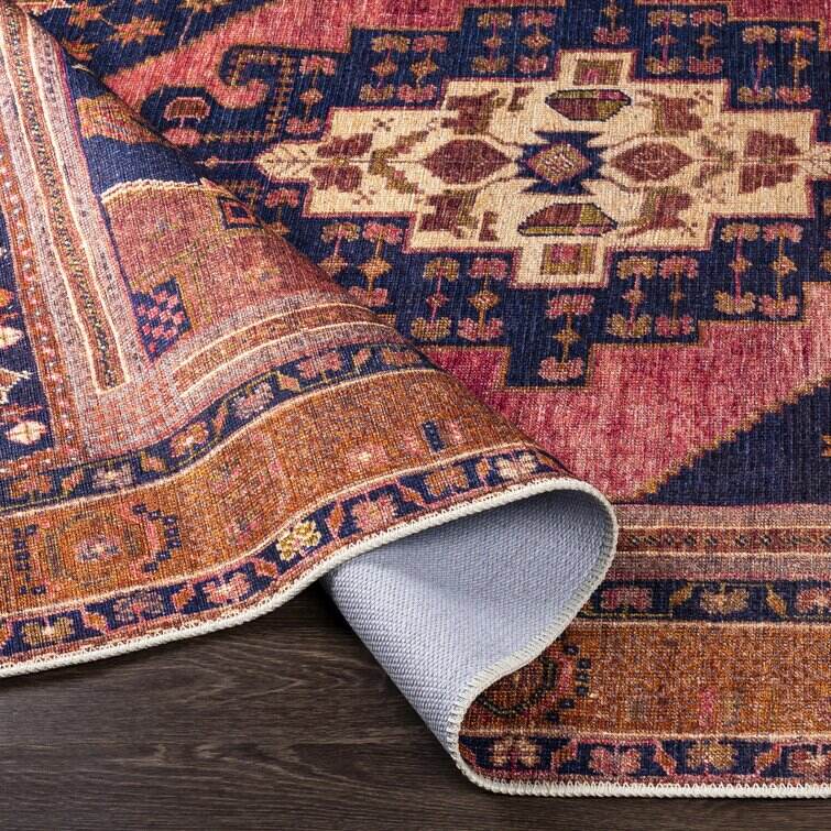 Westlake Machine Washable Oriental Dark Blue/Rose Area Rug