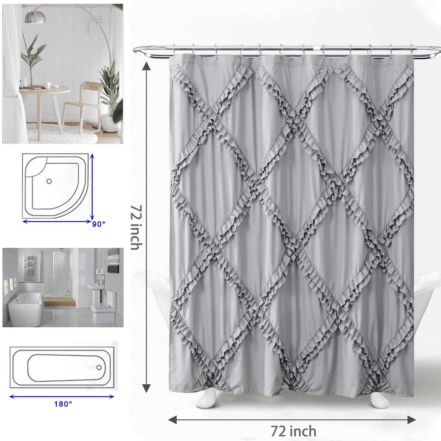 HIG Luxurious Farmhouse Unique Ruffle Cloth Fabric Shower Curtain 72x72 Extra Long Bathroom Curtain