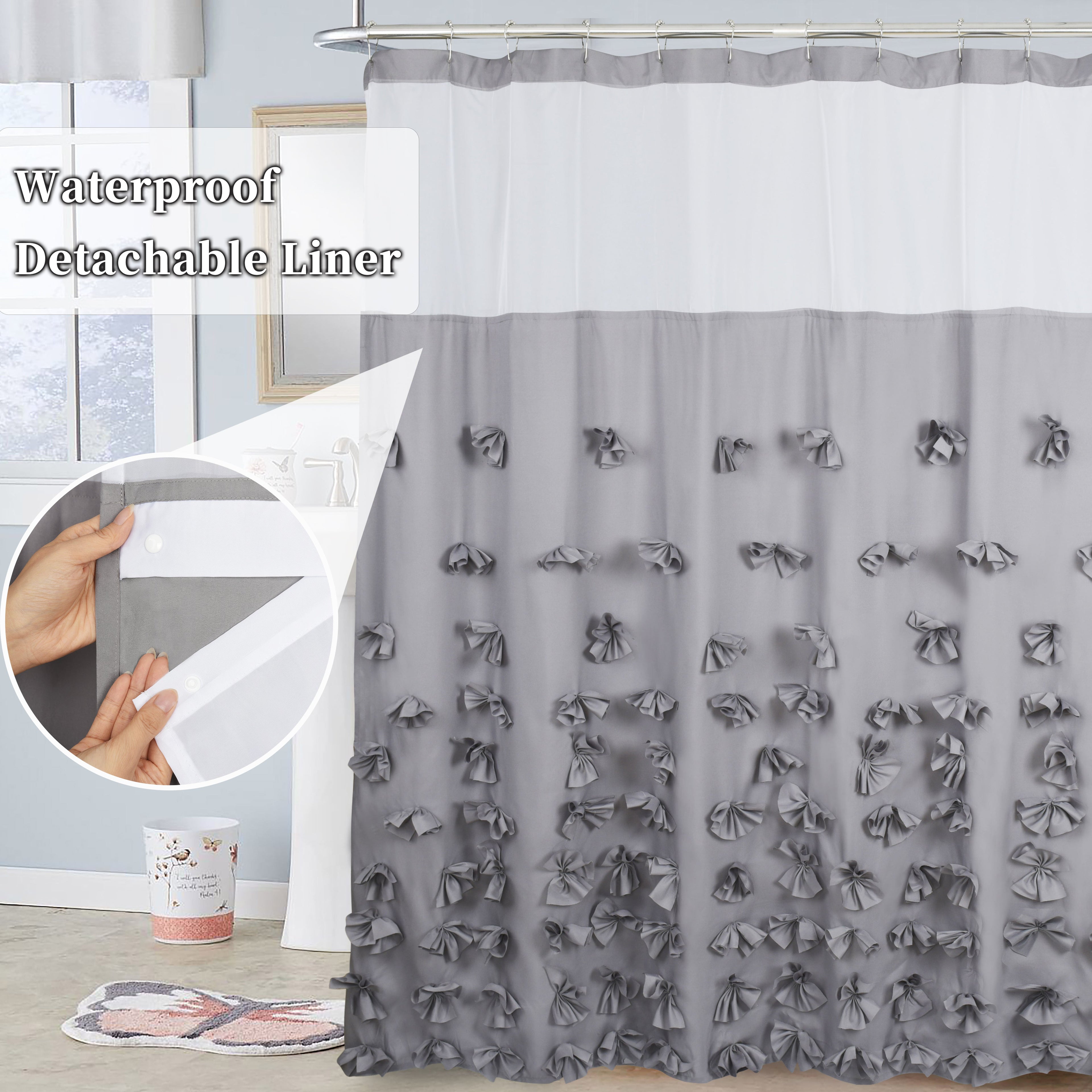 HIG Farmhouse Shower Curtain with Waterproof Detachable Liner, Boho Decorative Bathroom Curtain with Butterfly Flowers, Vintage Fabric Shower Curtain with See Through Window, 72" x 72"