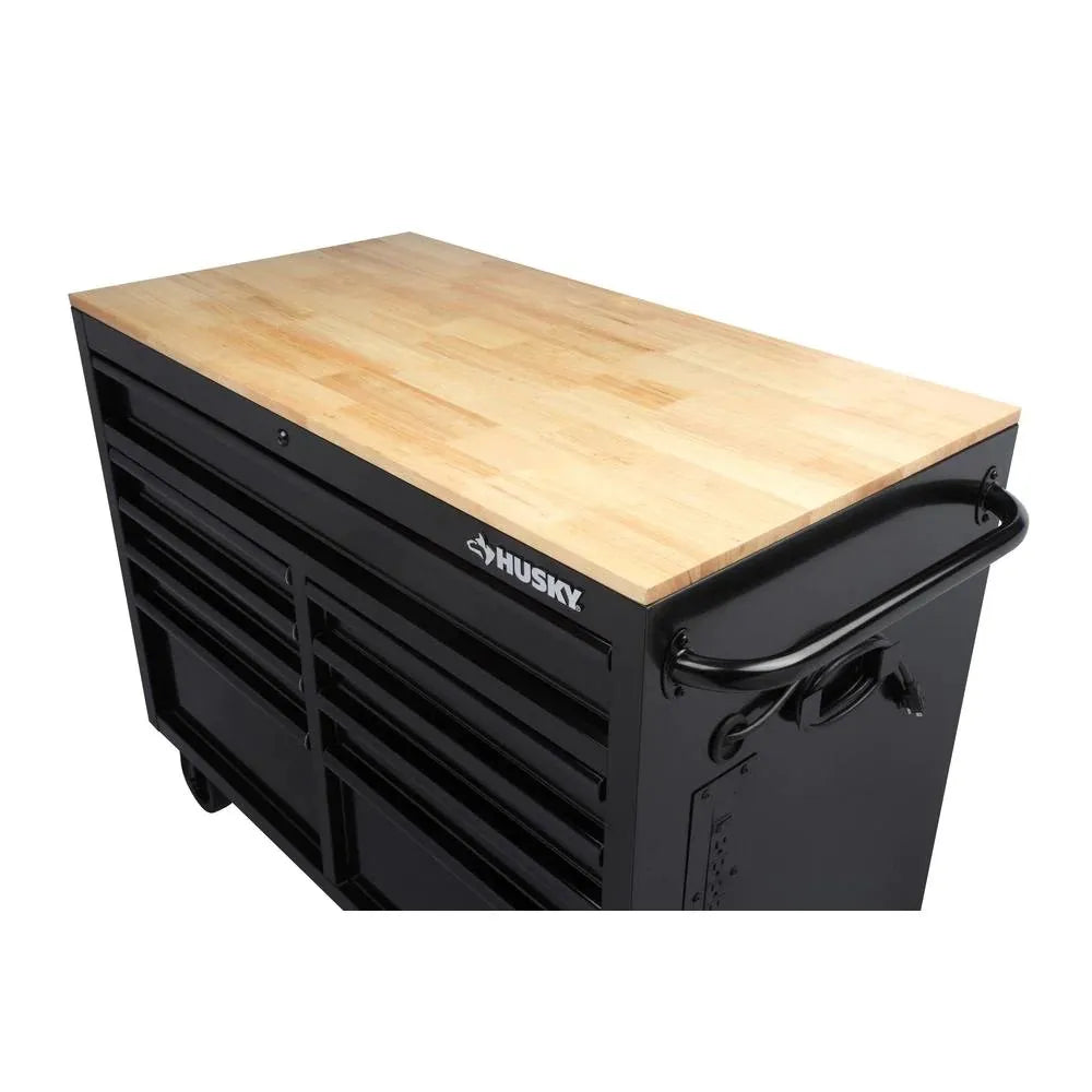 46 in. W x 24.5 in. D 9-Drawer Gloss Black Deep Tool Chest Mobile Workbench with Hardwood Top and Power Stations