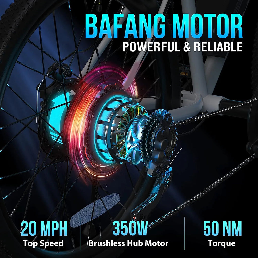 Electric Bike for Adults, 2X Faster Charge, 350W BAFANG Motor, 36V 10.4AH Removable Battery, 20MPH 26'' Mountain Ebike, Shimano 21 Speed, Suspension Fork, LED Display
