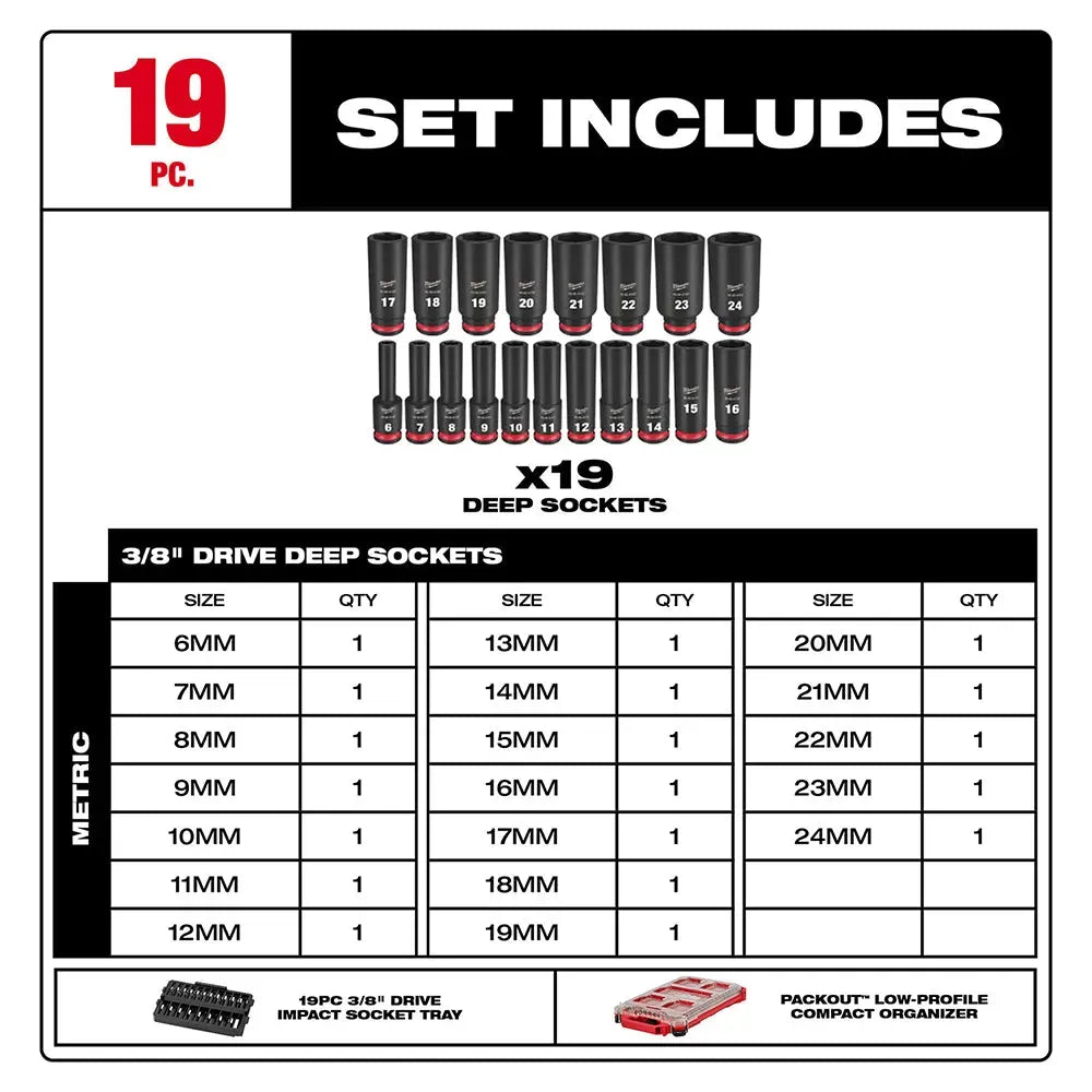 Milwaukee 49-66-6801 SHOCKWAVE 3/8” Impact Duty Socket MM PACKOUT Set - 19 PC