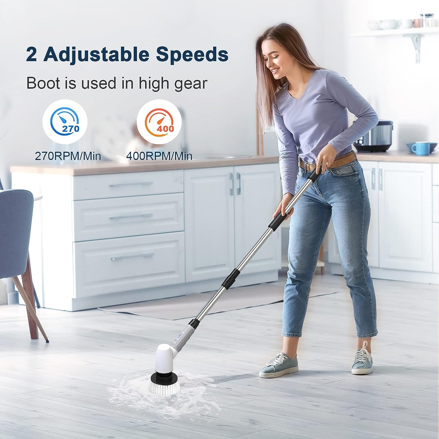 Cordless Electric Spin Scrubber,Cleaning Brush Scrubber for Home, 400RPM/Mins-8 Replaceable Brush Heads-90Mins Work Time,3 Adjustable Size,2 Adjustable Speeds for Bathroom Shower Bathtub Glass Car