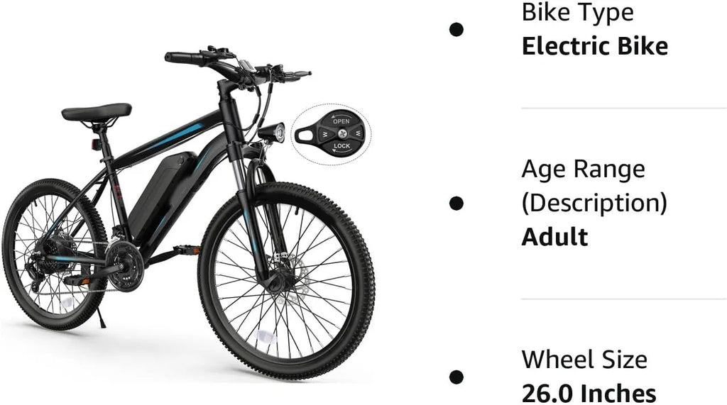 Electric Bike, Electric Bike for Adults 26'' Ebike with 350W Motor, 19.8MPH Electric Mountain Bike with Lockable Suspension Fork, Removable 36V/10.4Ah Battery, Professional 21 Speed Gears