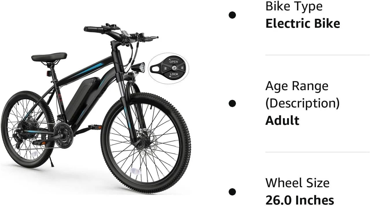 Electric Bike, Electric Bike for Adults 26'' Ebike with 350W Motor, 19.8MPH Electric Mountain Bike with Lockable Suspension Fork, Removable 36V/10.4Ah Battery, Professional 21 Speed Gears