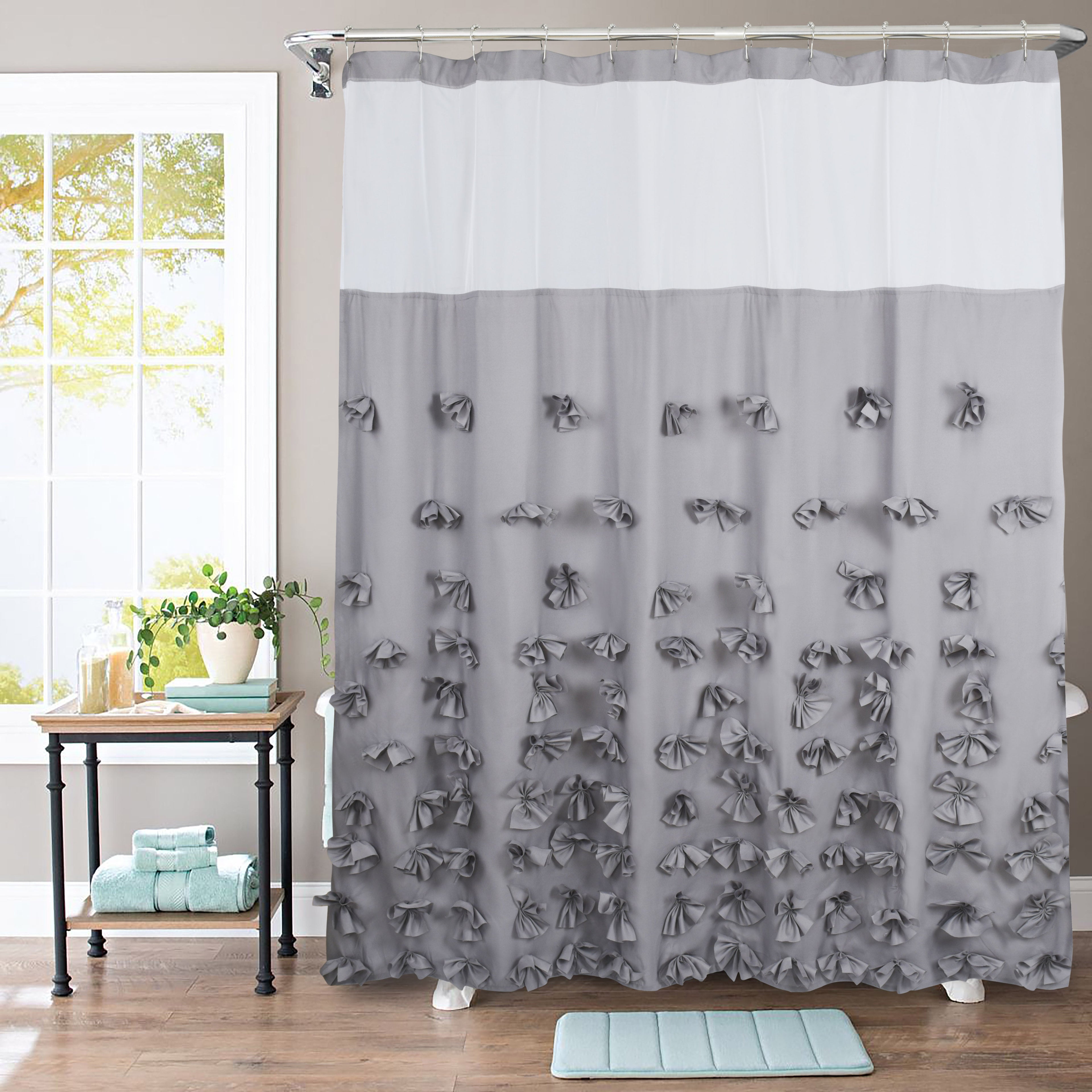 HIG Farmhouse Shower Curtain with Waterproof Detachable Liner, Boho Decorative Bathroom Curtain with Butterfly Flowers, Vintage Fabric Shower Curtain with See Through Window, 72" x 72"