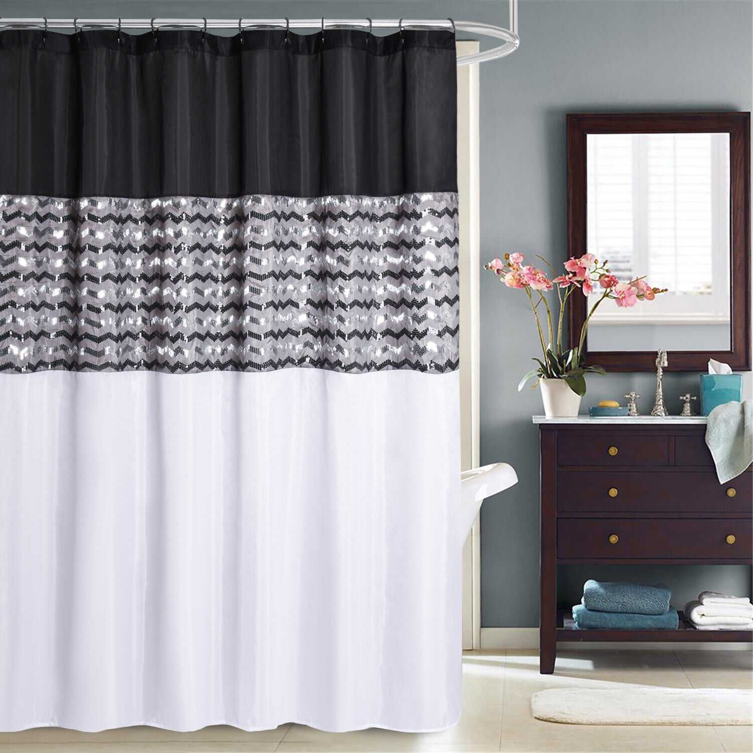 Modern Glitter Shower Curtain - Shimmer Sequin Design for Bathroom, Chic Stunning Bath Curtain with Color Block Design, 72" x 72"