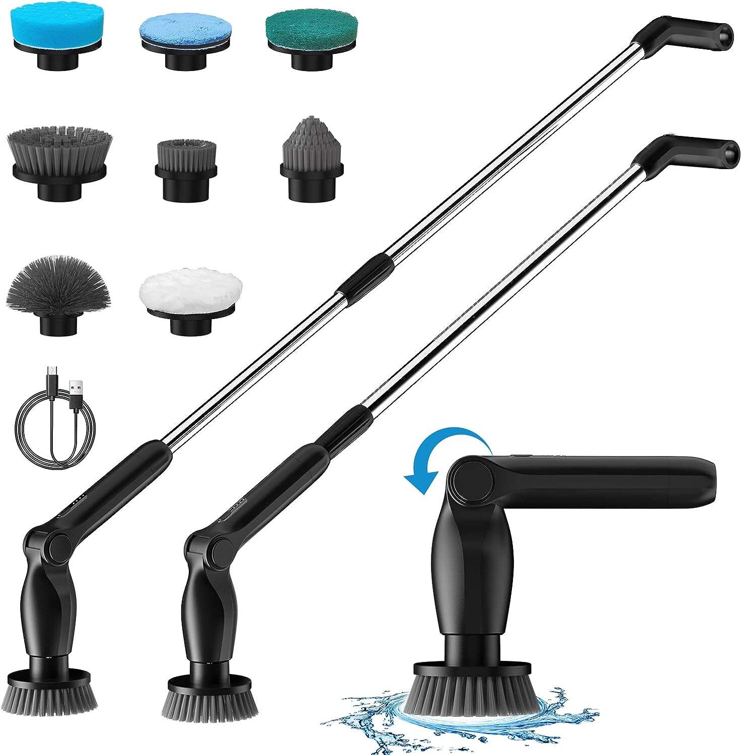 Leebein Electric Spin Scrubber, Cordless Cleaning Brush with 8 Replaceable Brush Heads, Tub and Floor Tile 360 Power Scrubber Dual Speed with Adjustable & Detachable Handle for Bathroom Kitchen Car