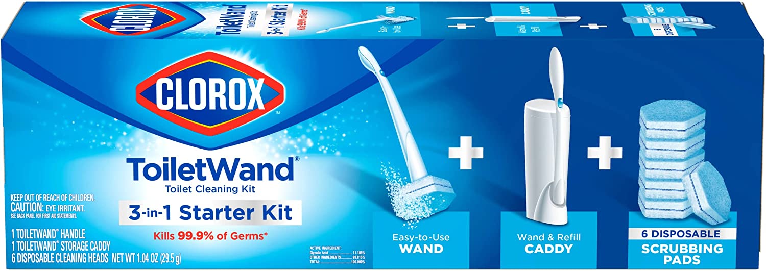 Clorox ToiletWand Disposable Toilet Cleaning Kit, Toilet Brush, Toilet and Bathroom Cleaning System with Storage Caddy and 6 Disinfecting ToiletWand Refill Heads (Package May Vary)