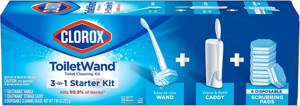 Clorox ToiletWand Disposable Toilet Cleaning Kit, Toilet Brush, Toilet and Bathroom Cleaning System with Storage Caddy and 6 Disinfecting ToiletWand Refill Heads (Package May Vary)