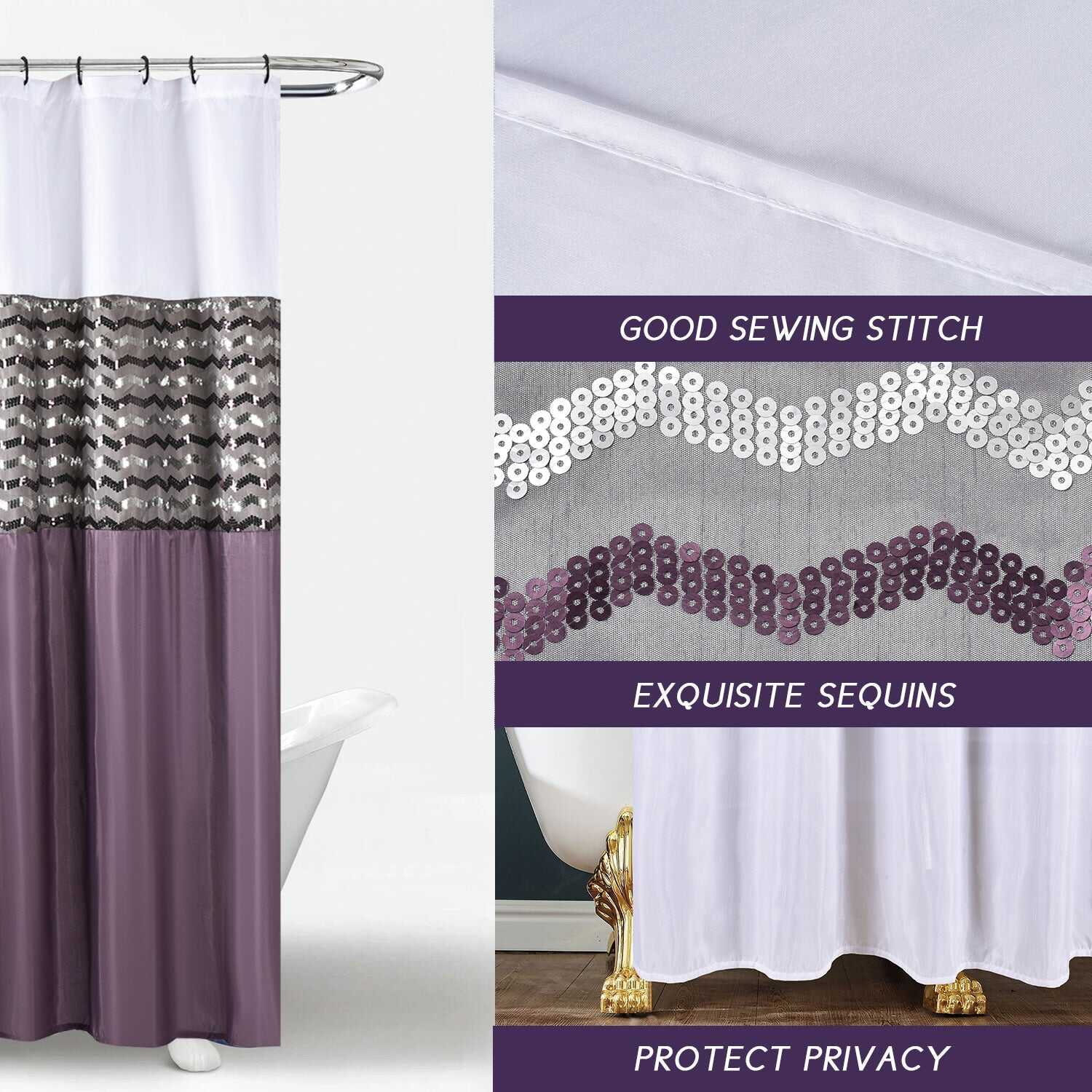 Modern Glitter Shower Curtain - Shimmer Sequin Design for Bathroom, Chic Stunning Bath Curtain with Color Block Design, 72" x 72"