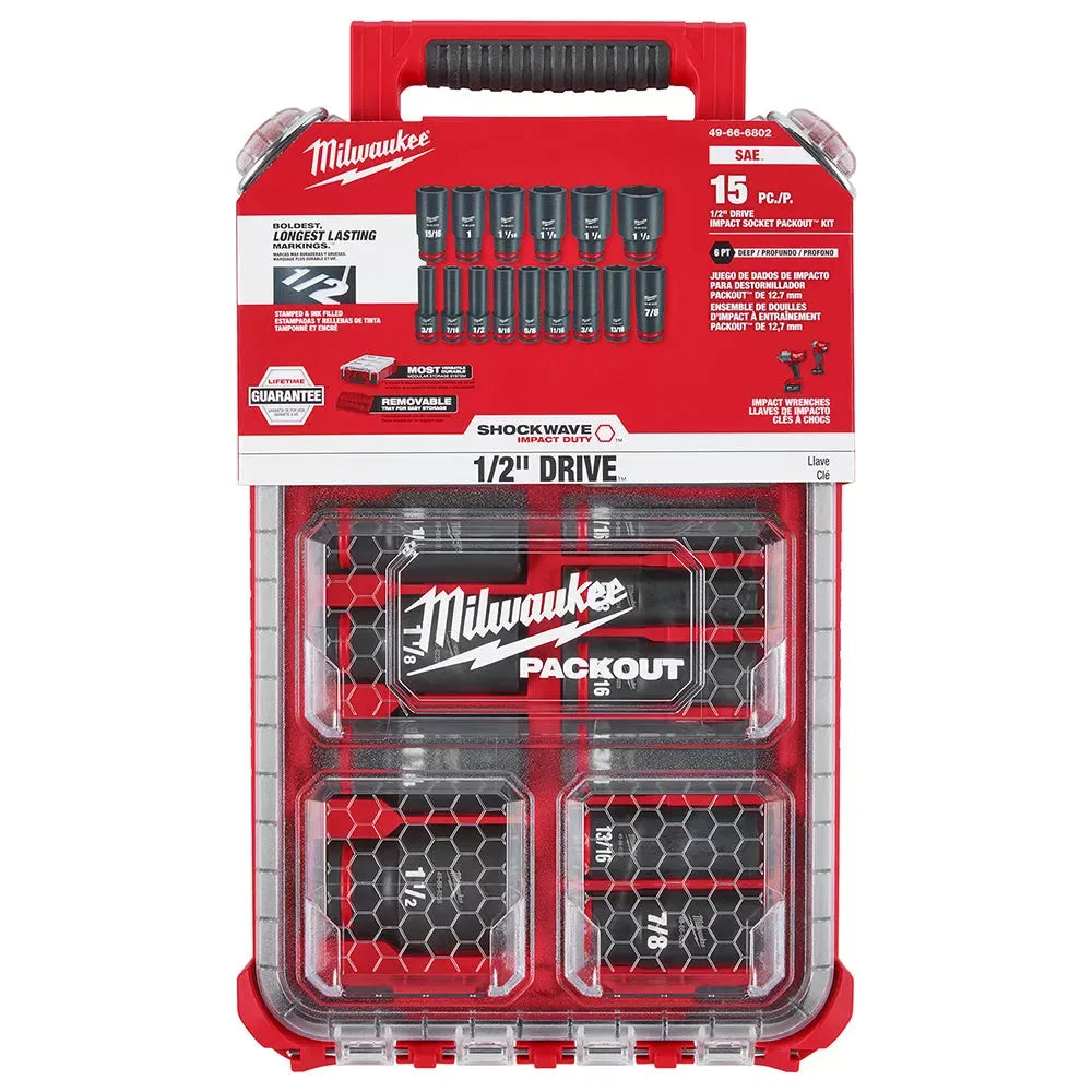 Milwaukee 49-66-6802 SHOCKWAVE 1/2” Impact Duty Socket SAE PACKOUT Set - 15 PC