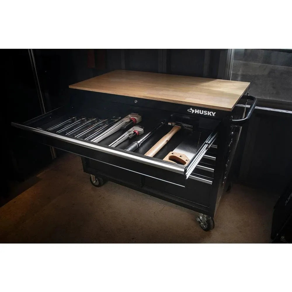 46 in. W x 24.5 in. D 9-Drawer Gloss Black Deep Tool Chest Mobile Workbench with Hardwood Top and Power Stations