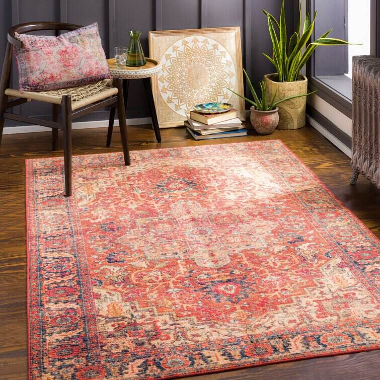 Emmie Machine Washable Oriental Red/Brick Red Area Rug