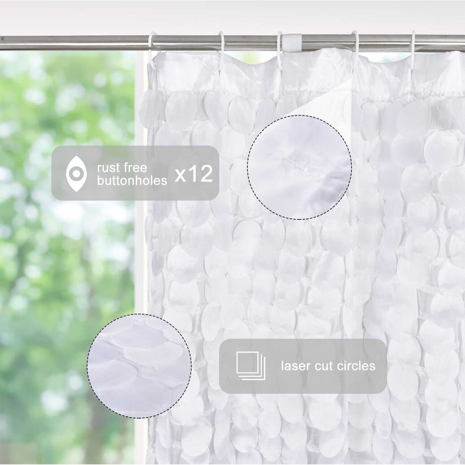 Modern Cute Decorative Shower Curtain - Textured Shimmer Circle Design Bathroom, 72” x 72”