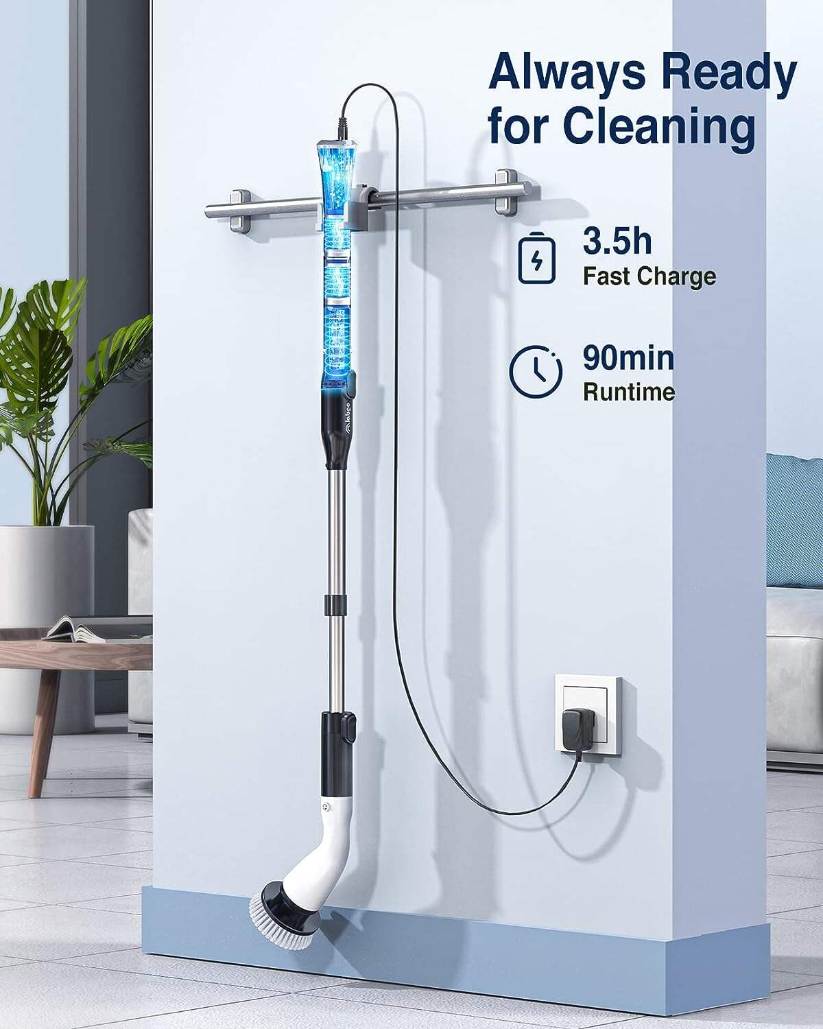 LABIGO Electric Spin Scrubber LA1 Pro, Cordless Spin Scrubber with 4 Replaceable Brush Heads and Adjustable Extension Handle, Power Cleaning Brush for Bathroom Floor Tile (White)